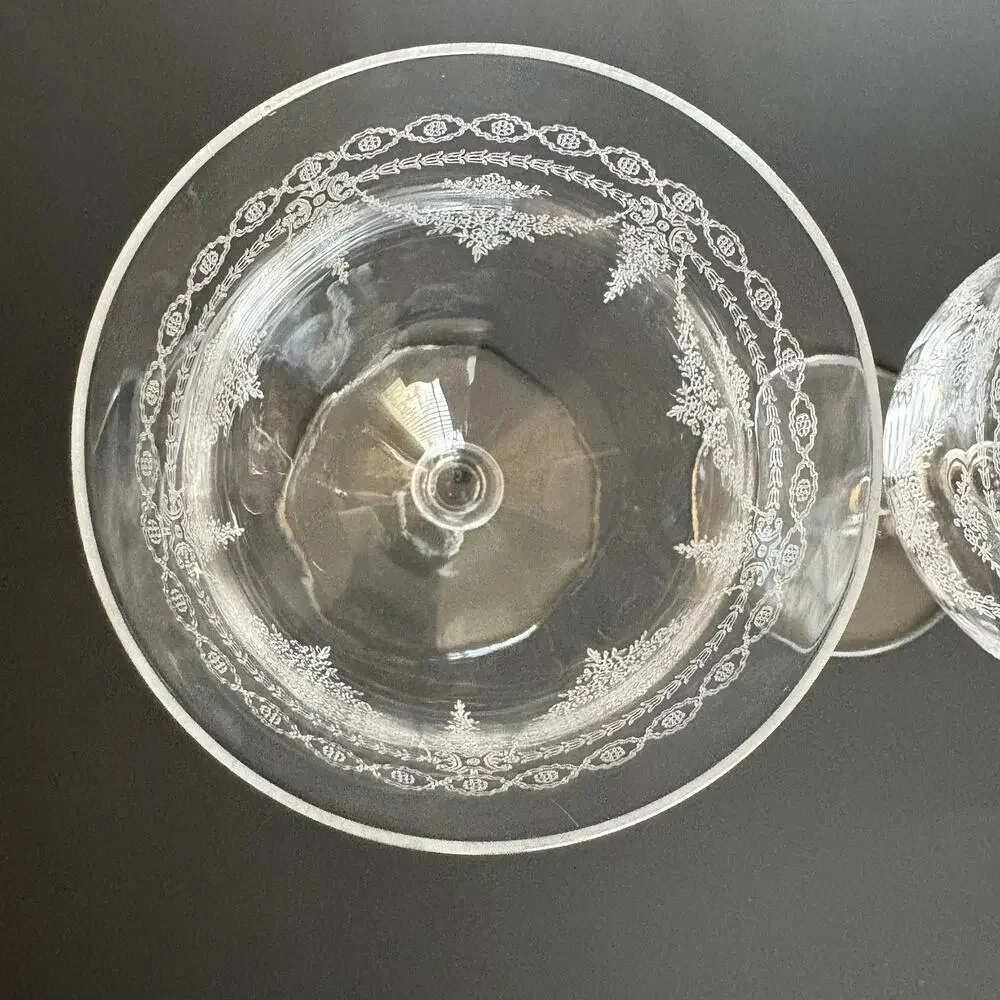 Set of 2 Antique Vintage Needle Etched Water Glass Crystal Cascade Czc1 1920s - Picture 5 of 9